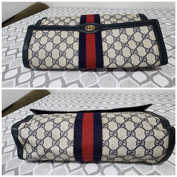 Gucci Vintage GG Sherry Line PVC Leather Clutch Beige/Navy Blue - Picture 5 of 14